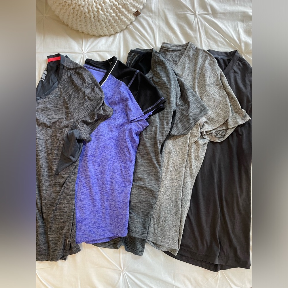 Group of 5 workout shirts, sizes XL&XXL. All sweat-wicking material.
